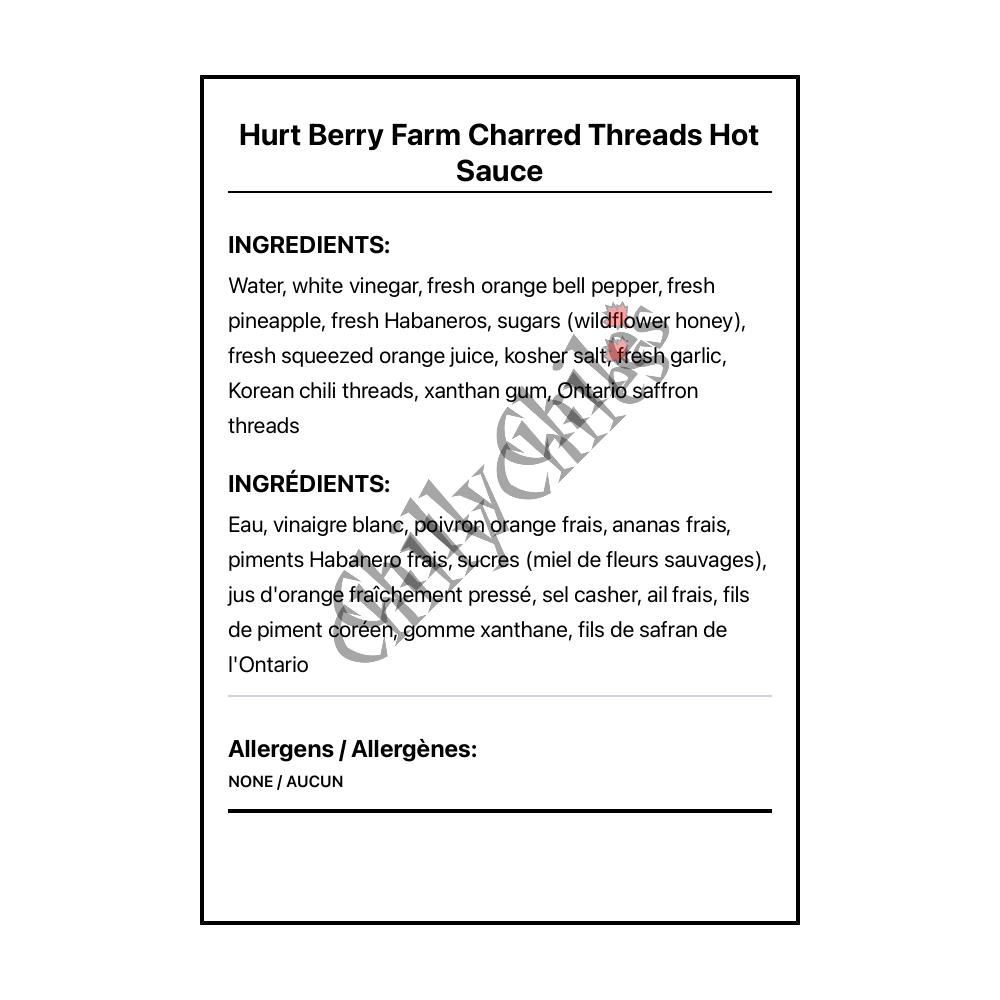 Hurt Berry Farm Charred Threads Hot Sauce - Canadian Nutrition Facts