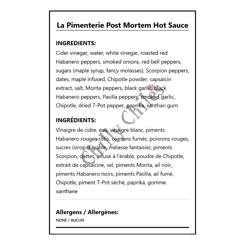 La Pimenterie Post Mortem Hot Sauce - Bilingual Ingredients