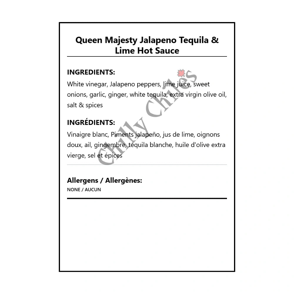 Queen Majesty Jalapeno Tequila & Lime Hot Sauce - Bilingual Ingredients