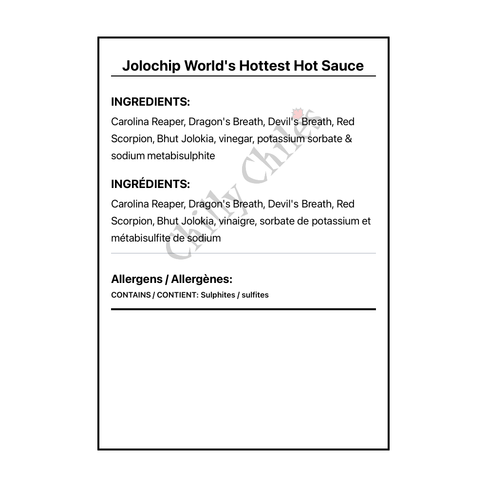 Jolochip World's Hottest Hot Sauce - Bilingual Ingredients
