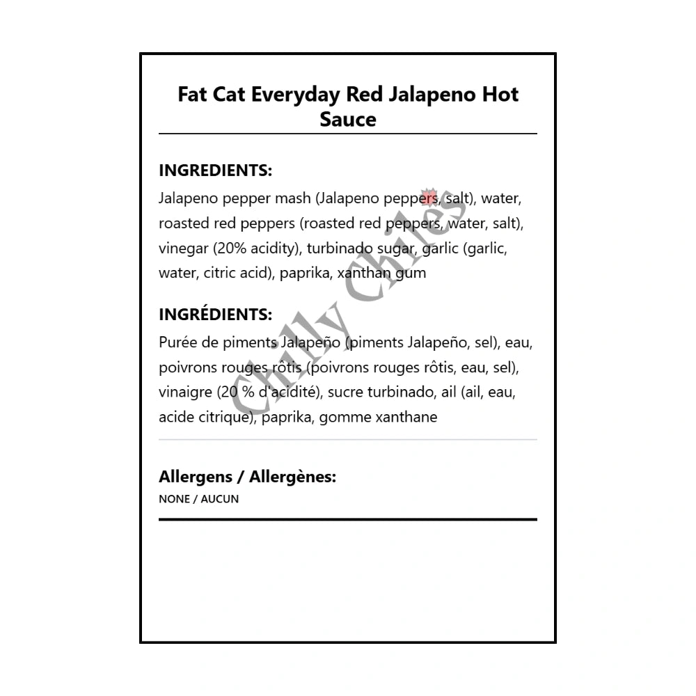 Fat Cat Everyday Red Jalapeno Hot Sauce - Bilingual Ingredients