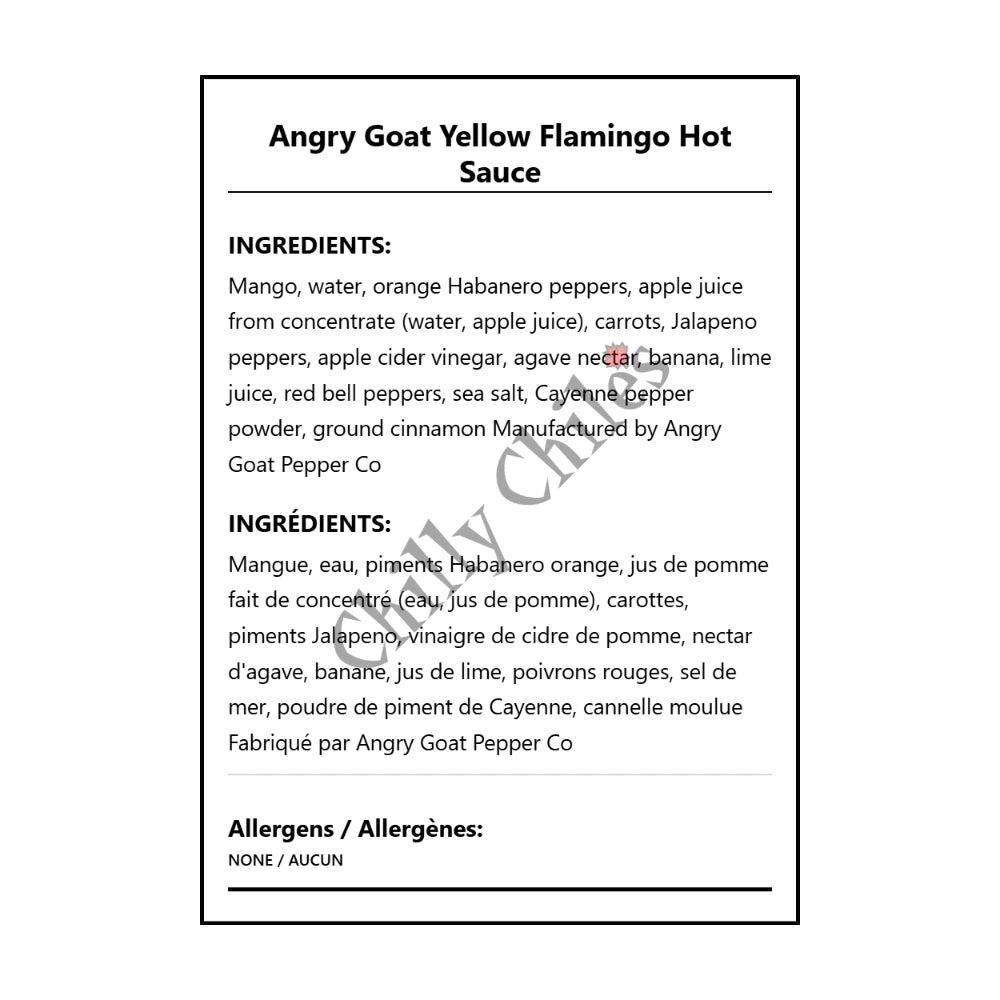 Angry Goat Yellow Flamingo Hot Sauce - Bilingual Ingredients
