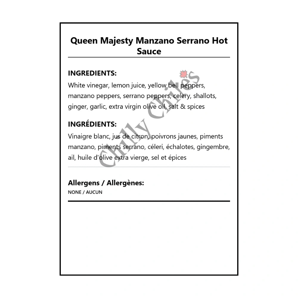 Queen Majesty Manzano Serrano Hot Sauce - Bilingual Ingredients