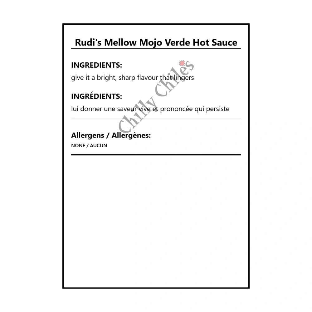 Rudi's Mellow Mojo Verde Hot Sauce - Bilingual Ingredients