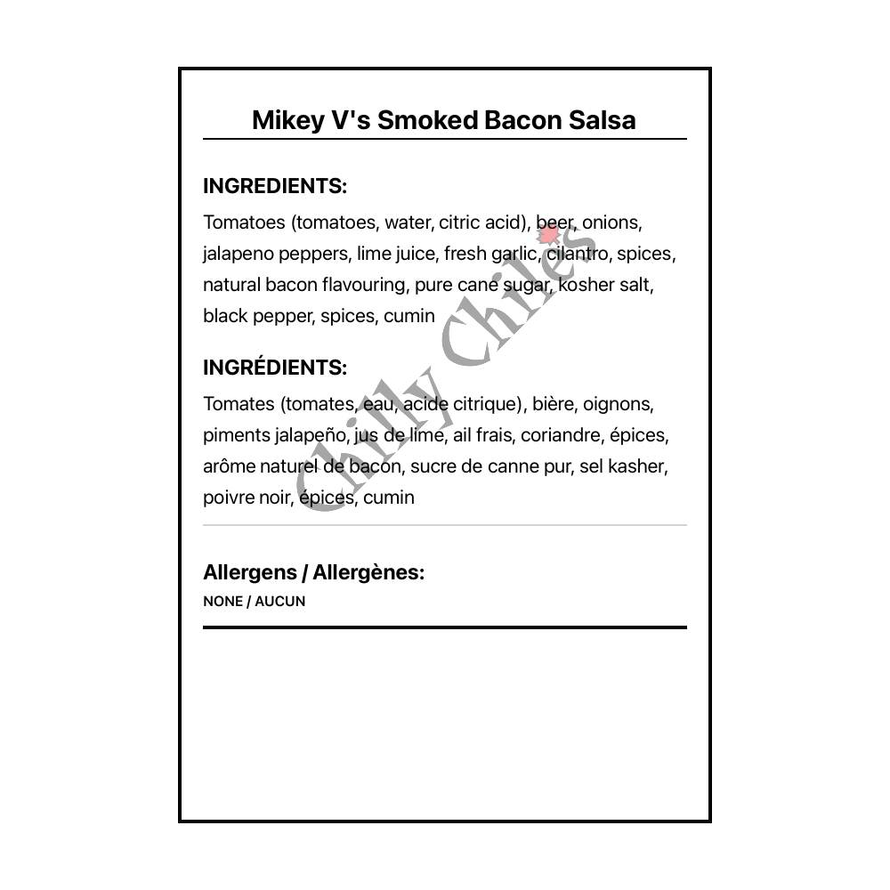 Mikey V's Smoked Bacon Salsa - Bilingual Ingredients