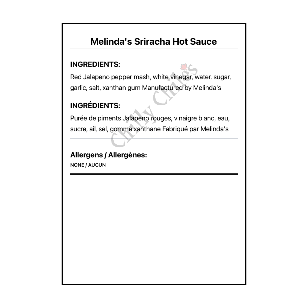 Melinda's Sriracha Hot Sauce - Bilingual Ingredients