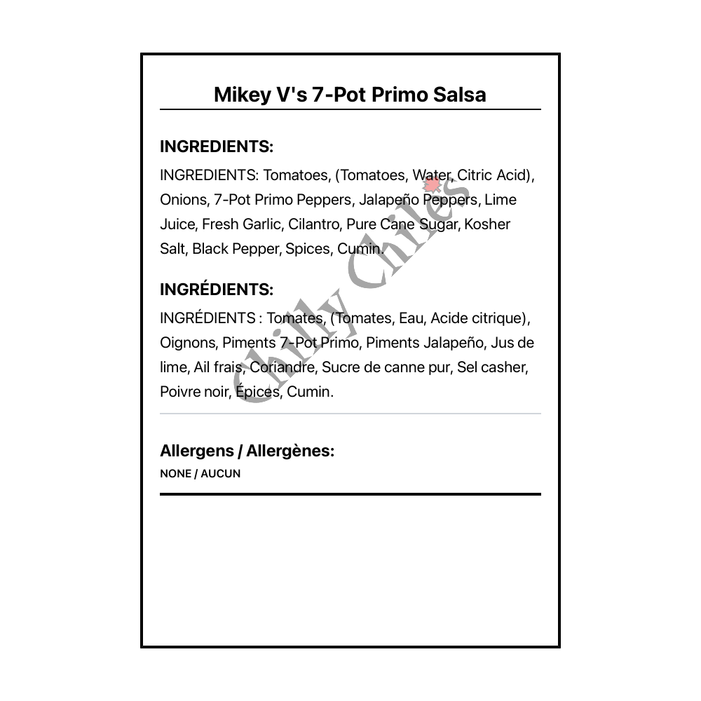 Mikey V's 7-Pot Primo Salsa - Bilingual Ingredients
