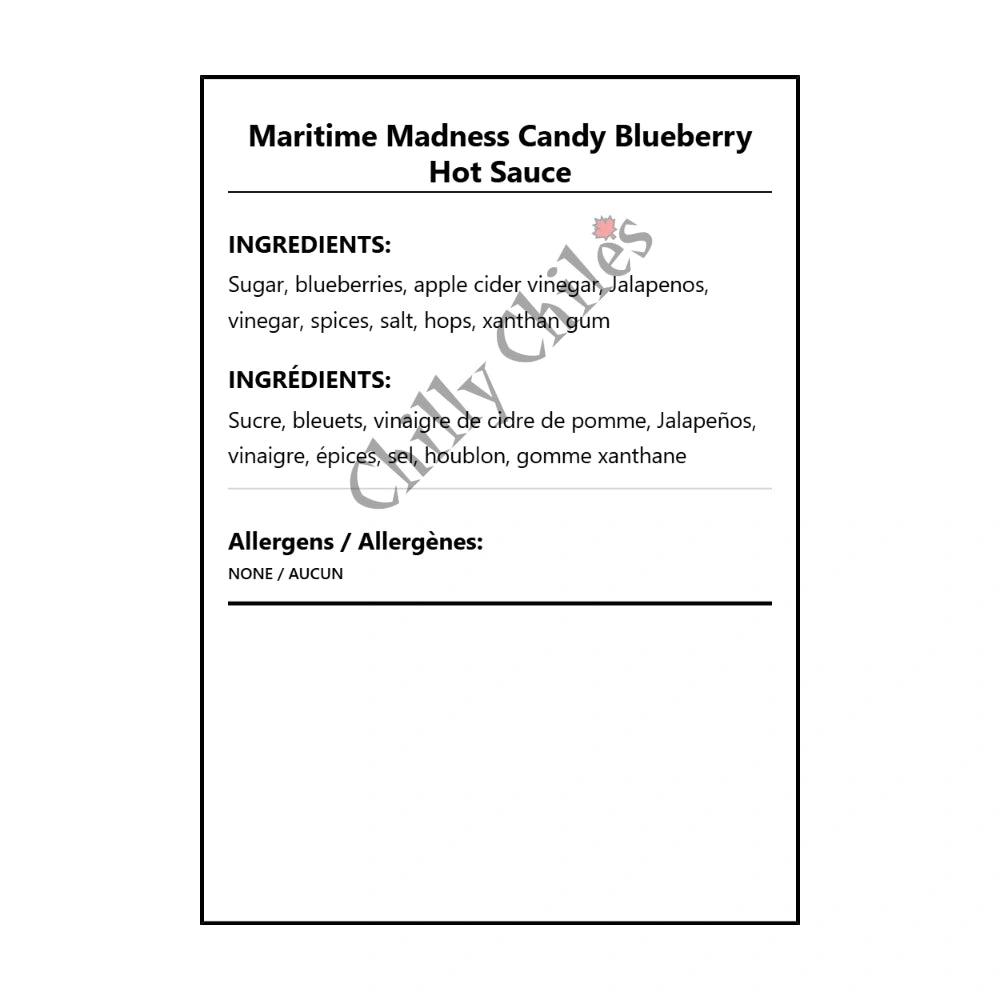 Maritime Madness Candy Blueberry Hot Sauce - Bilingual Ingredients