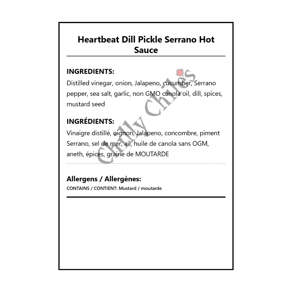 Heartbeat Dill Pickle Serrano Hot Sauce - Bilingual Ingredients