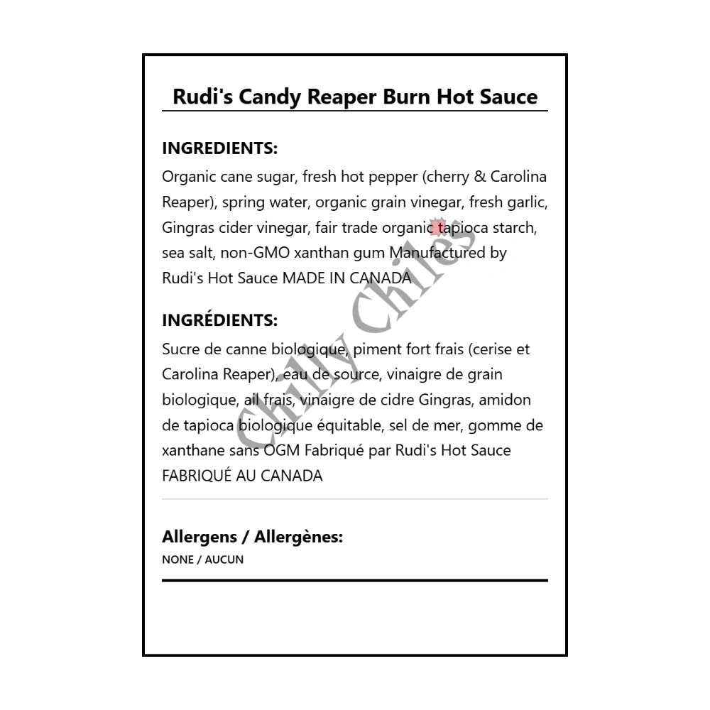 Rudi's Candy Reaper Burn Hot Sauce - Bilingual Ingredients