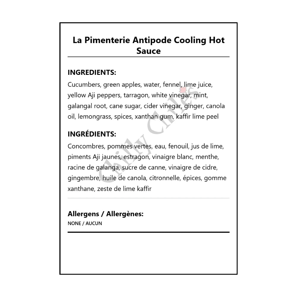 La Pimenterie Antipode Cooling Hot Sauce - Bilingual Ingredients