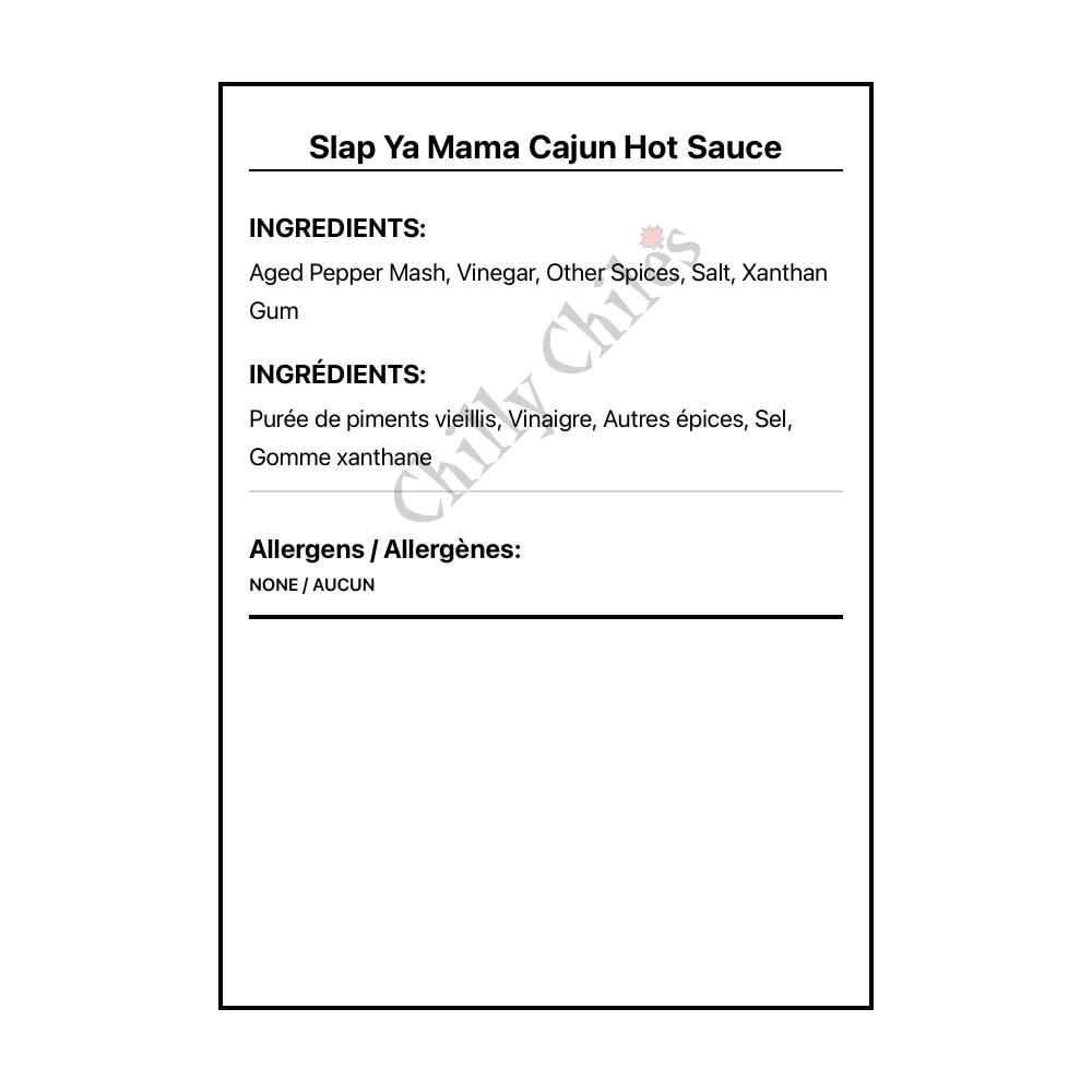 Slap Ya Mama Cajun Hot Sauce - Bilingual Ingredients