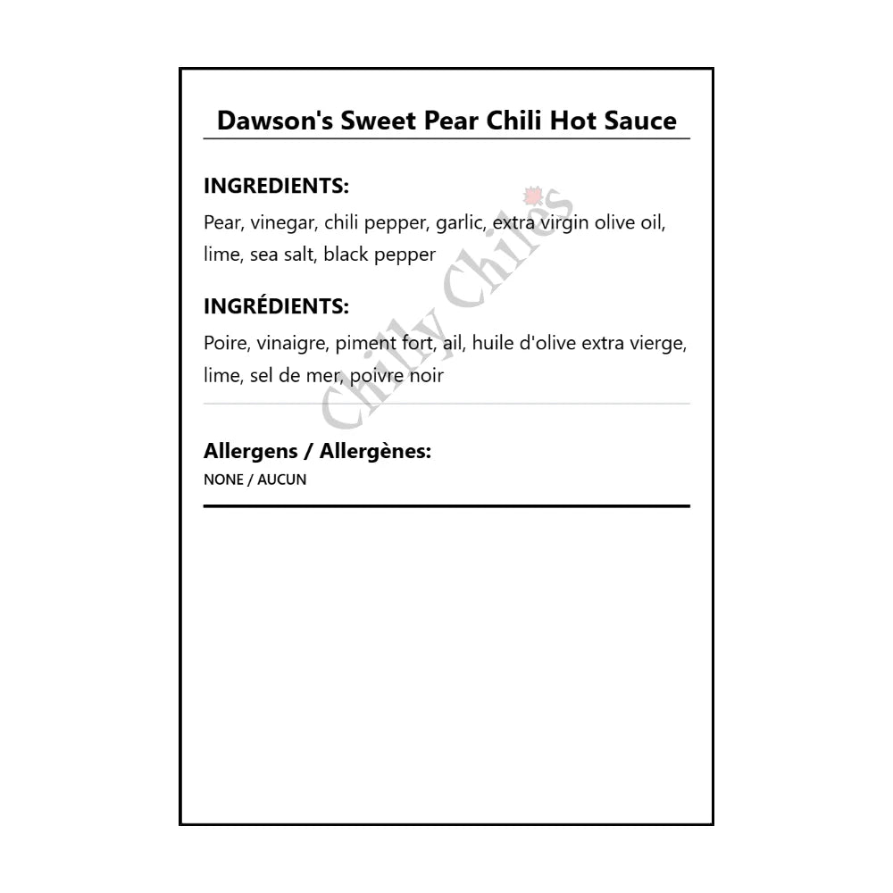 Dawson's Sweet Pear Chili Hot Sauce - Bilingual Ingredients