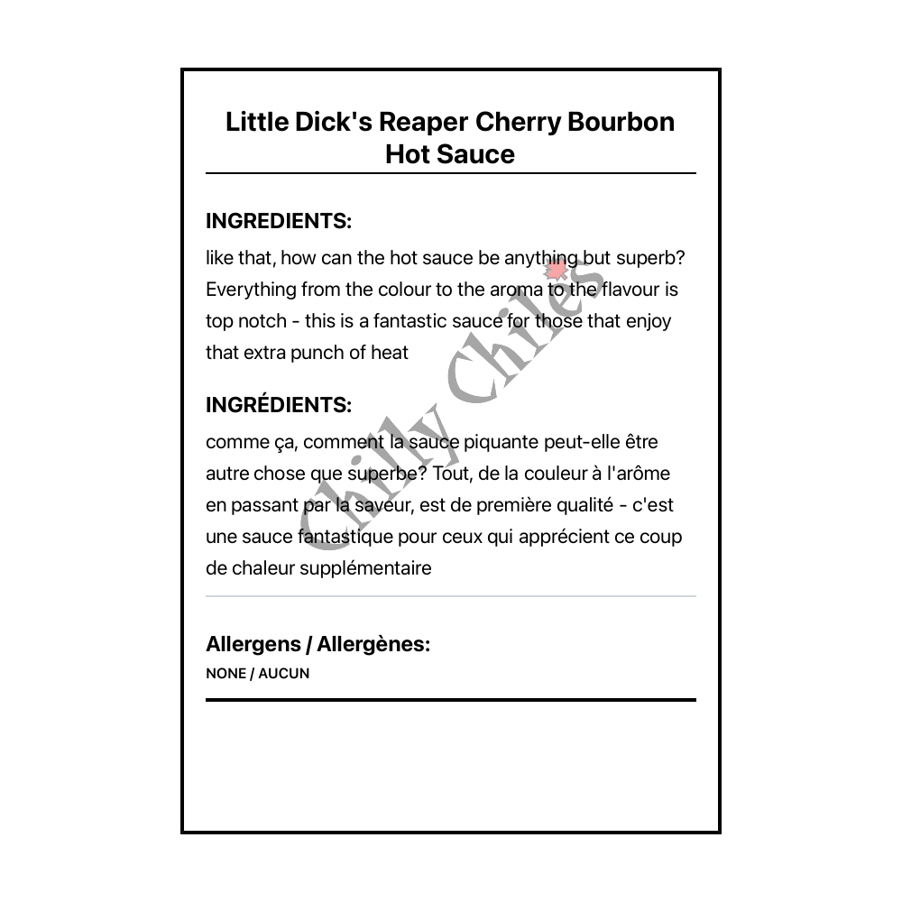 Little Dick's Reaper Cherry Bourbon Hot Sauce - Bilingual Ingredients