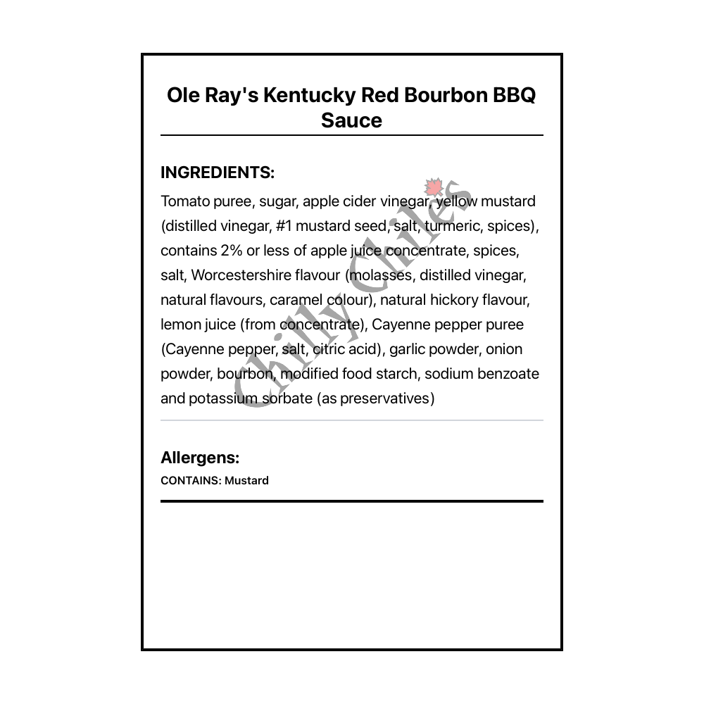 Ole Ray's Kentucky Red Bourbon BBQ Sauce - Bilingual Ingredients