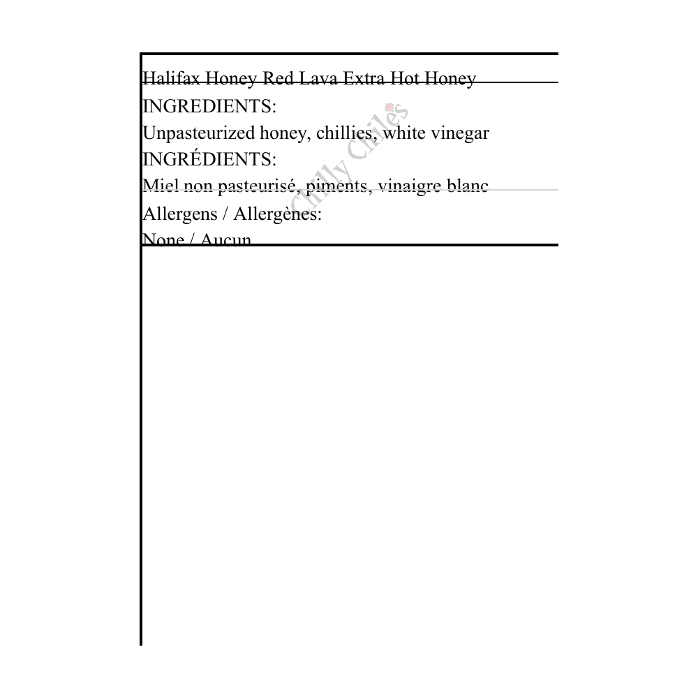 Halifax Honey Red Lava Extra Hot Honey - Bilingual Ingredients