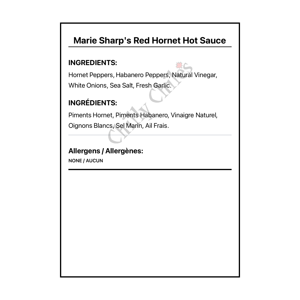 Marie Sharp's Red Hornet Hot Sauce - Bilingual Ingredients
