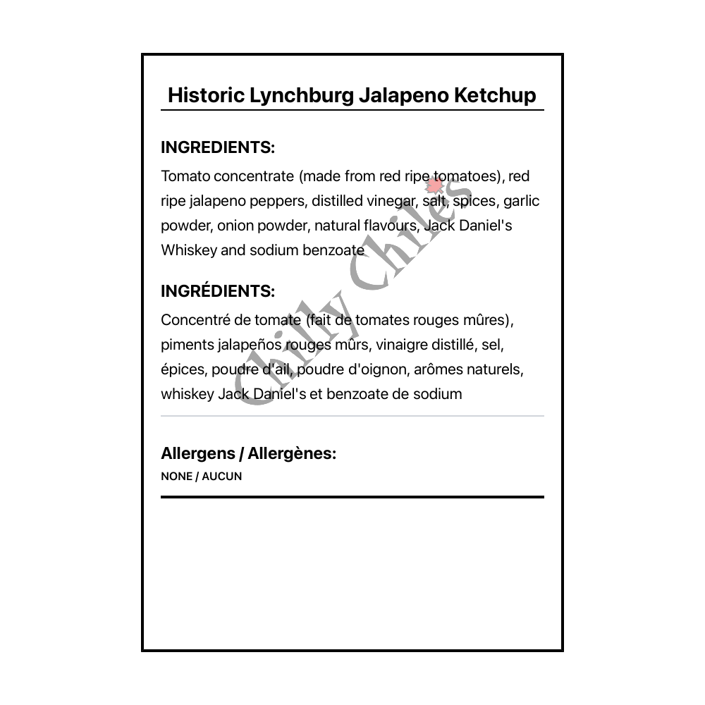 Historic Lynchburg Jalapeno Ketchup - Bilingual Ingredients