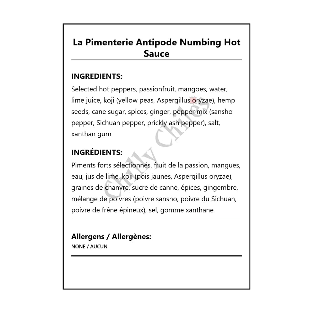 La Pimenterie Antipode Numbing Hot Sauce - Bilingual Ingredients
