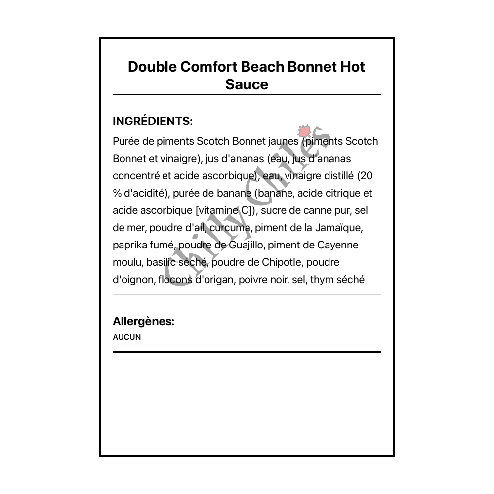 Double Comfort Beach Bonnet Hot Sauce - Ingrédients Français