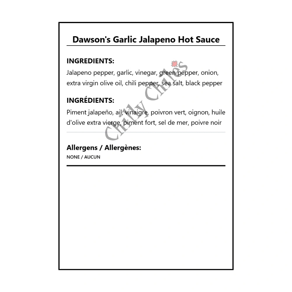 Dawson's Garlic Jalapeno Hot Sauce - Bilingual Ingredients