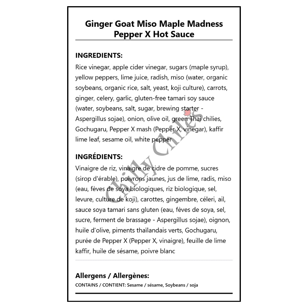 Ginger Goat Miso Maple Madness Pepper X Hot Sauce - Bilingual Ingredients