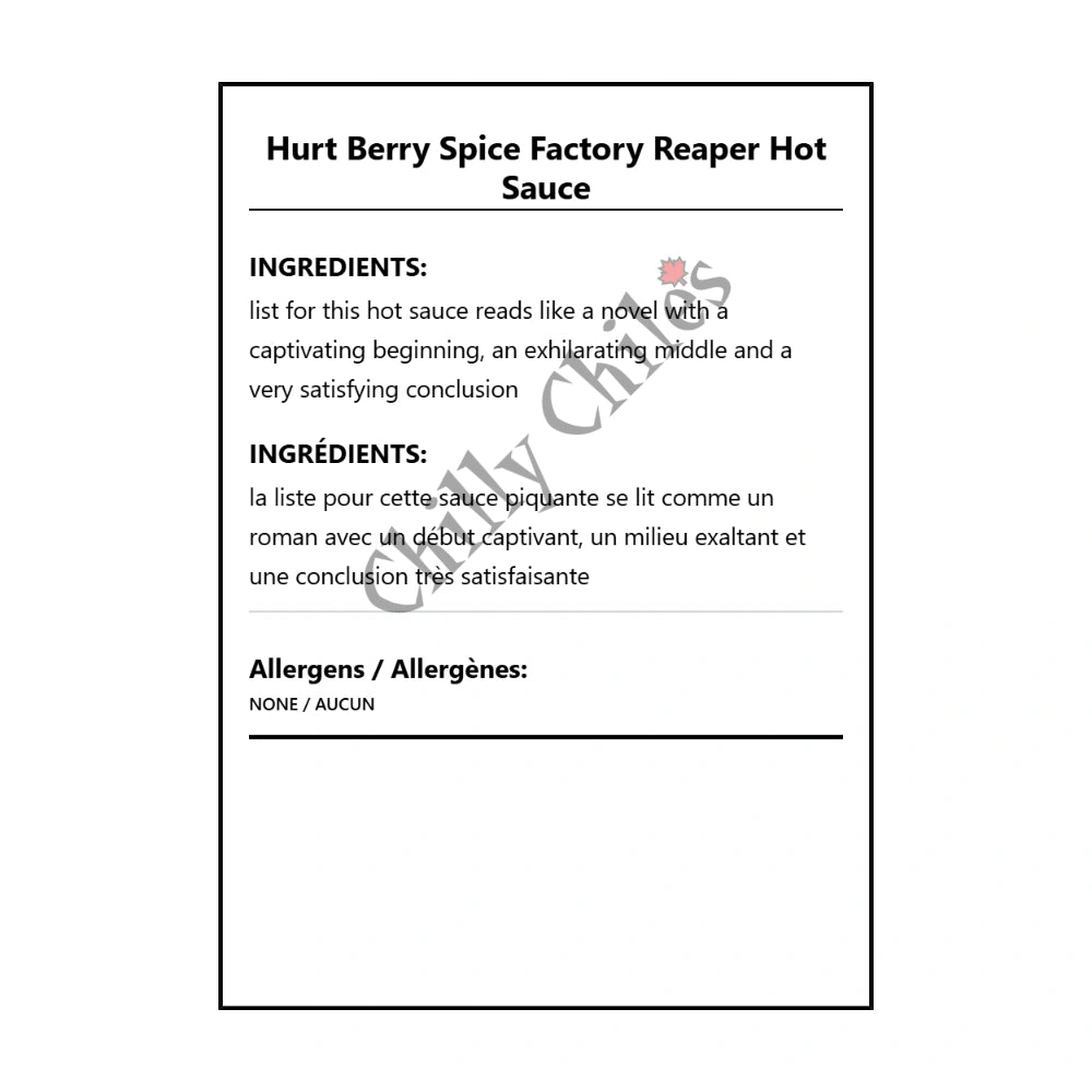 Hurt Berry Spice Factory  Reaper Hot Sauce - Bilingual Ingredients