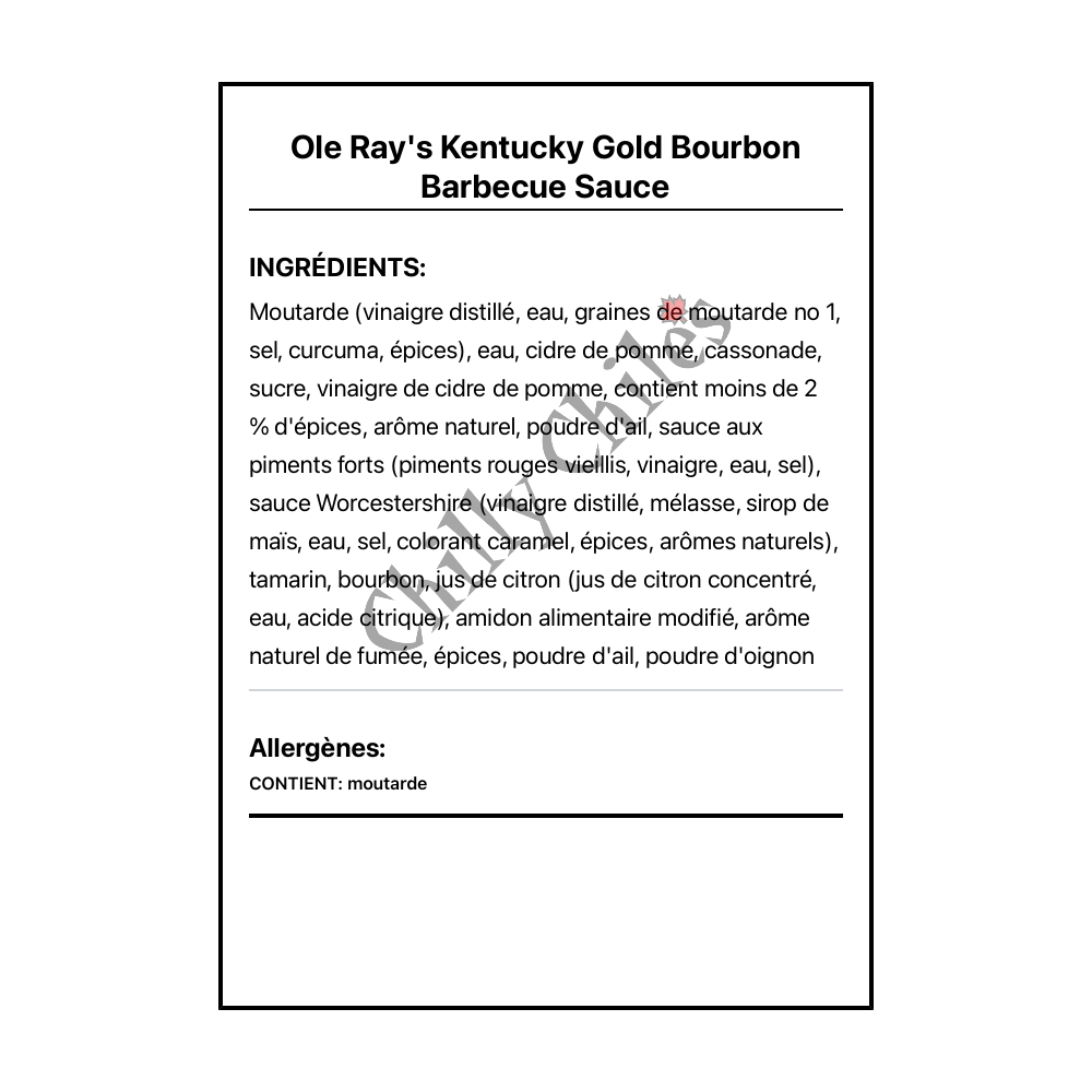 Ole Ray's Kentucky Gold Bourbon Barbecue Sauce - Ingrédients Français