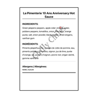 La Pimenterie 10 Ans Anniversary Hot Sauce - Bilingual Ingredients