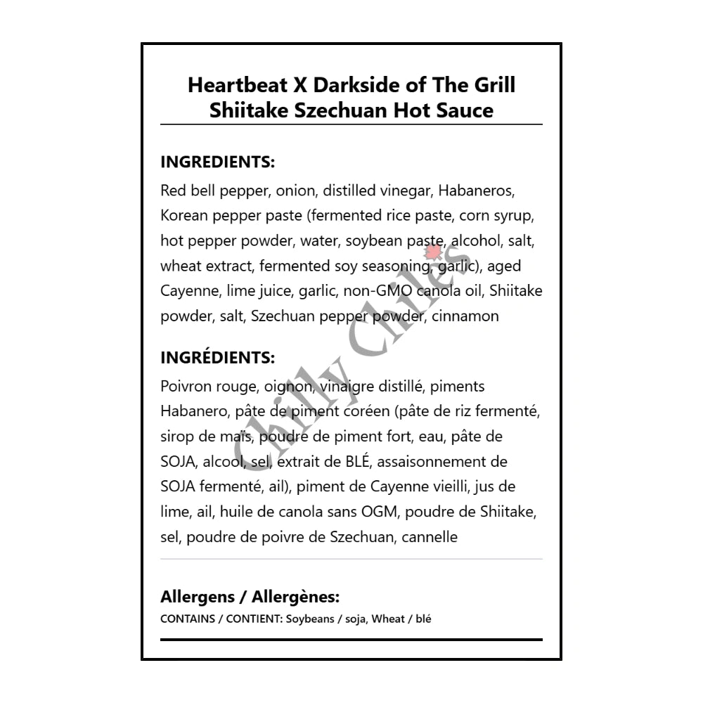 Heartbeat X Darkside of The Grill Shiitake Szechuan Hot Sauce - Bilingual Ingredients
