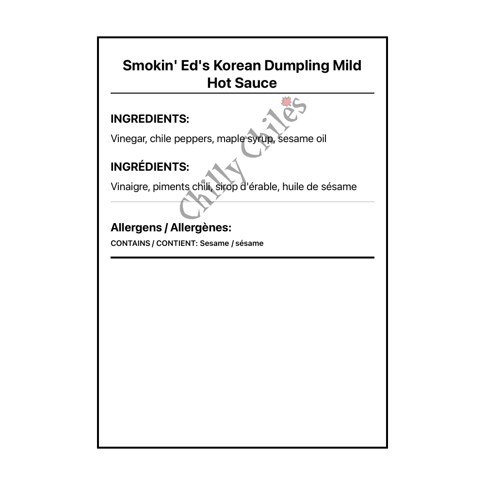 Smokin' Ed's Korean Dumpling Mild Hot Sauce - Bilingual Ingredients
