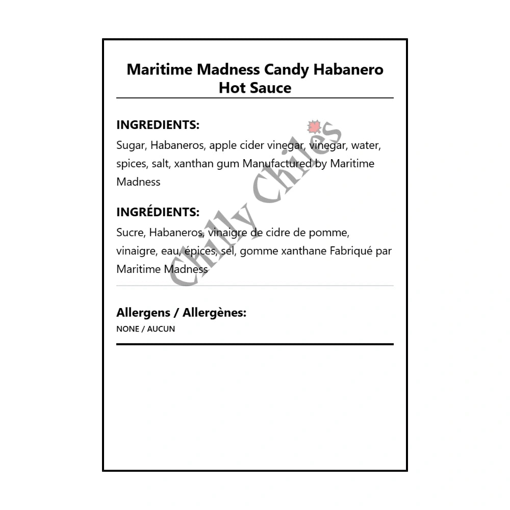 Maritime Madness Candy Habanero Hot Sauce - Bilingual Ingredients