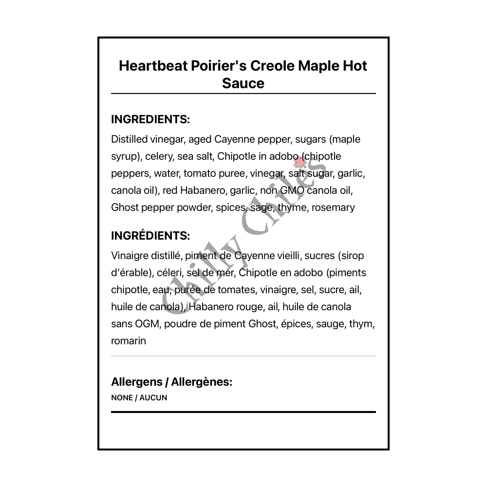 Heartbeat Poirier's Creole Maple Hot Sauce - Bilingual Ingredients