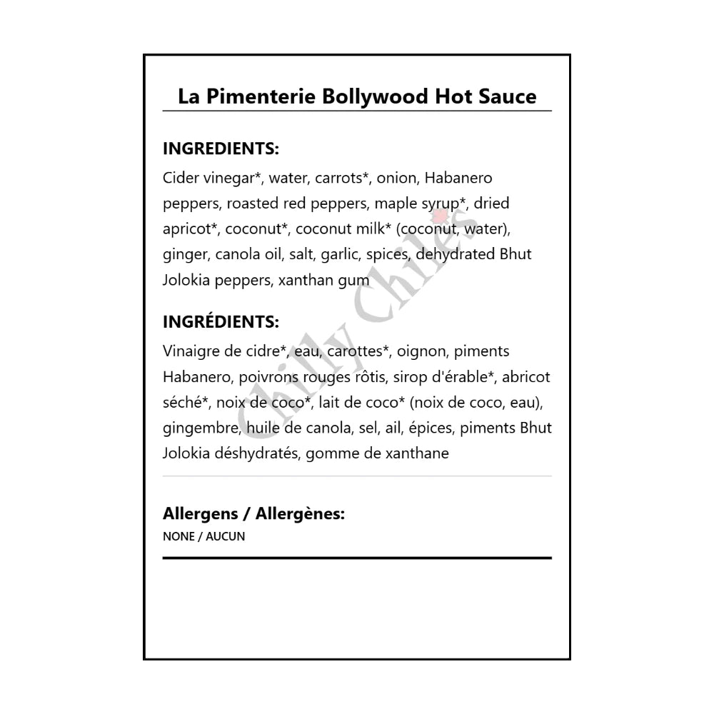 La Pimenterie Bollywood Hot Sauce - Bilingual Ingredients
