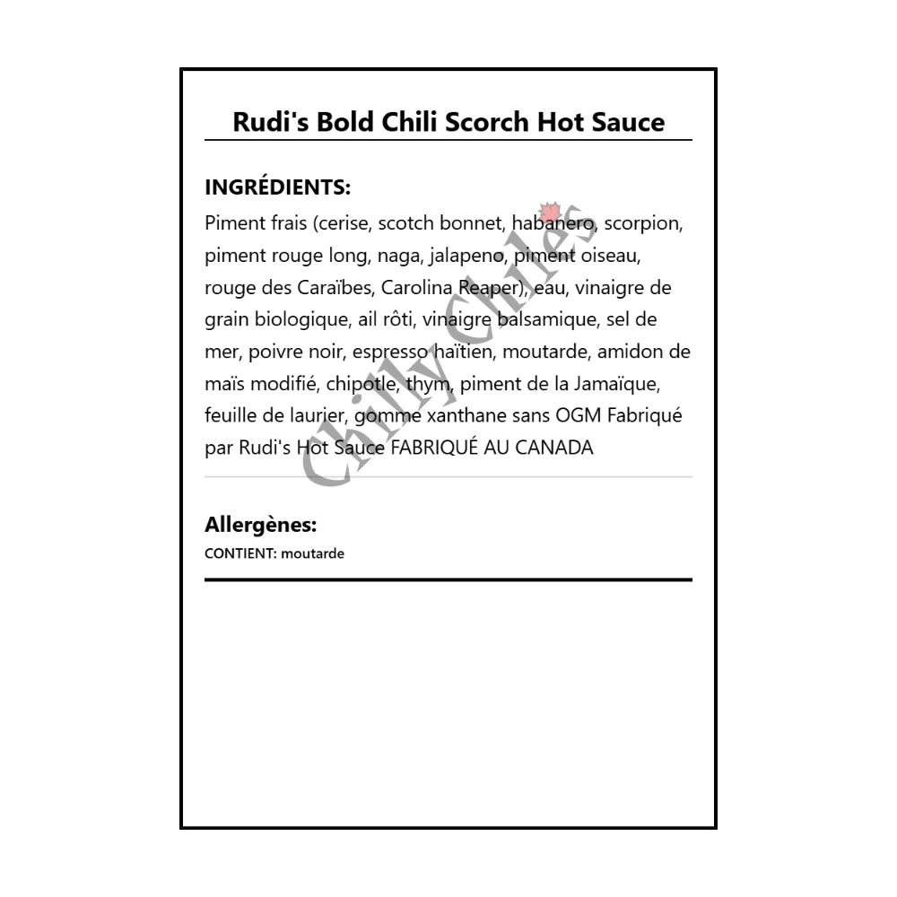 Rudi's Bold Chili Scorch Hot Sauce - Ingrédients Français
