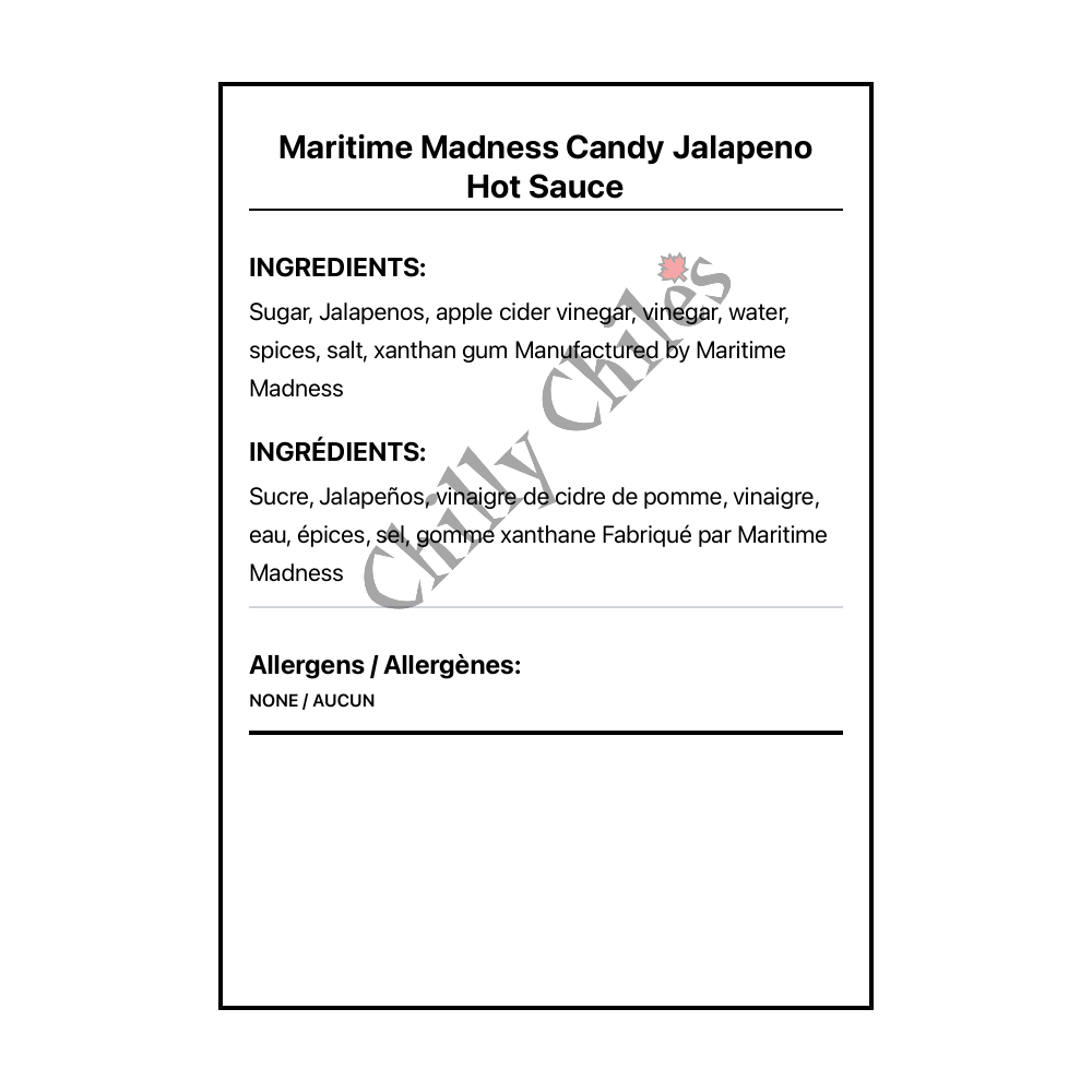 Maritime Madness Candy Jalapeno Hot Sauce - Bilingual Ingredients