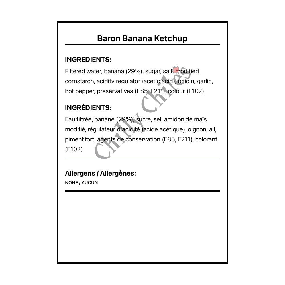 Baron Banana Ketchup - Bilingual Ingredients