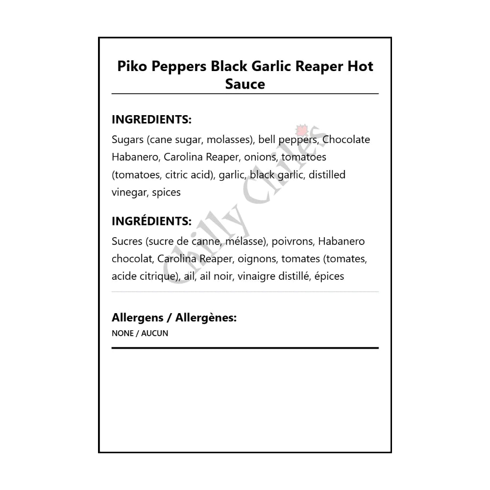 Piko Peppers Black Garlic Reaper Hot Sauce - Bilingual Ingredients