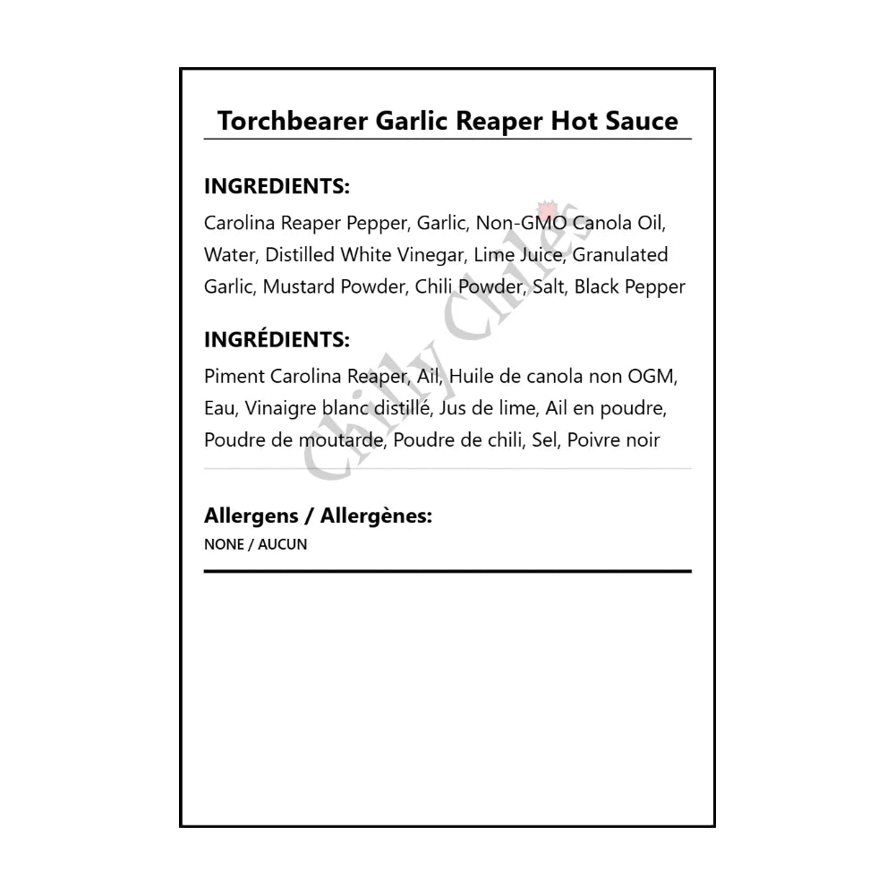 Torchbearer Garlic Reaper Hot Sauce - Bilingual Ingredients