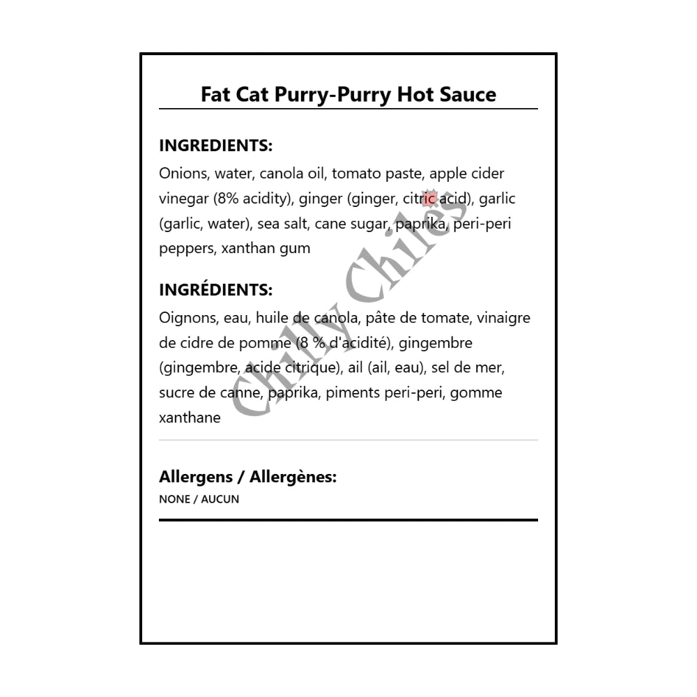 Fat Cat Purry-Purry Hot Sauce - Bilingual Ingredients