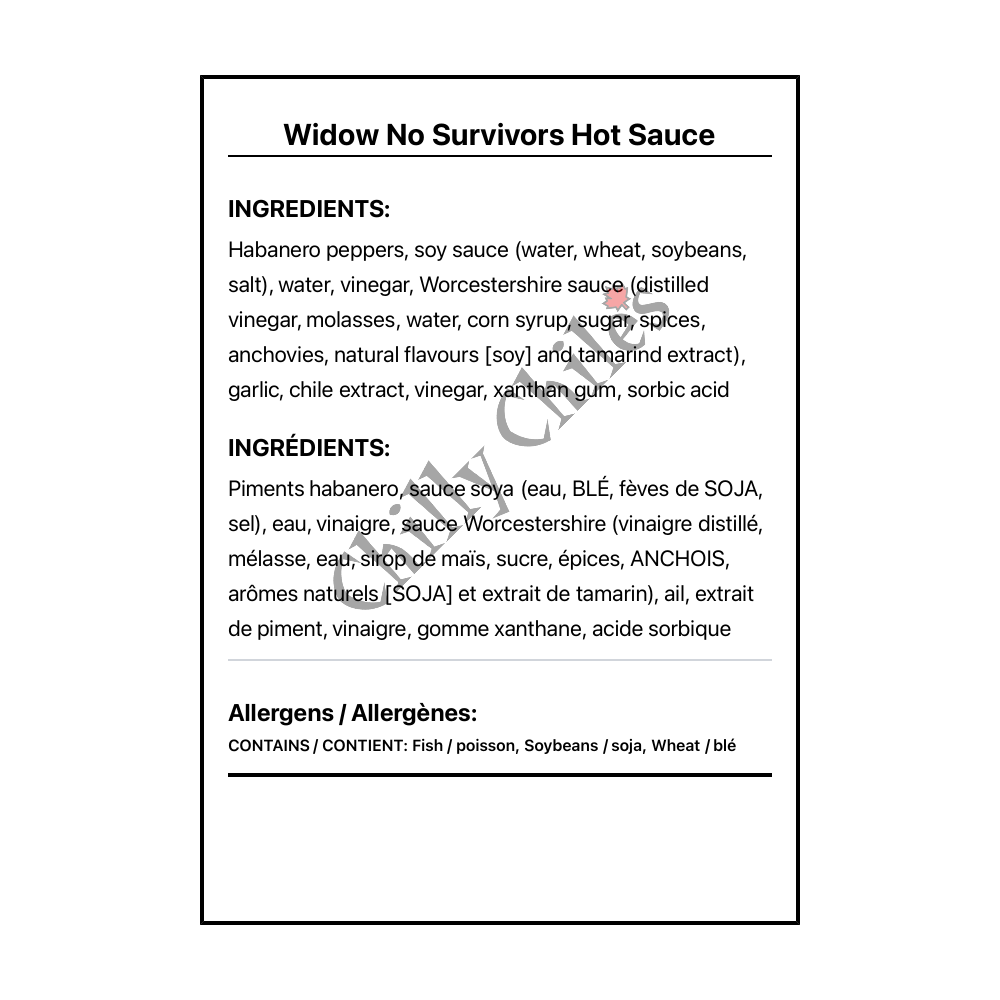 Widow No Survivors Hot Sauce - Bilingual Ingredients