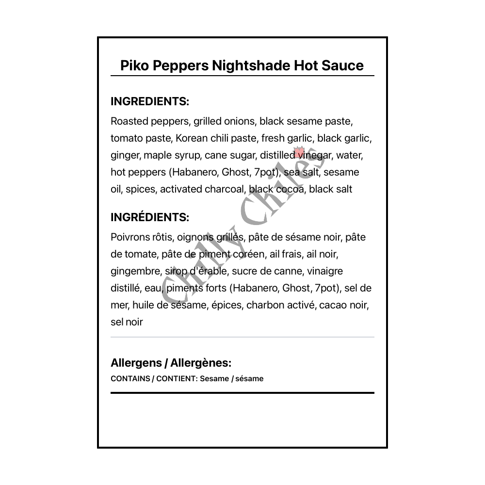 Piko Peppers Nightshade Hot Sauce - Bilingual Ingredients