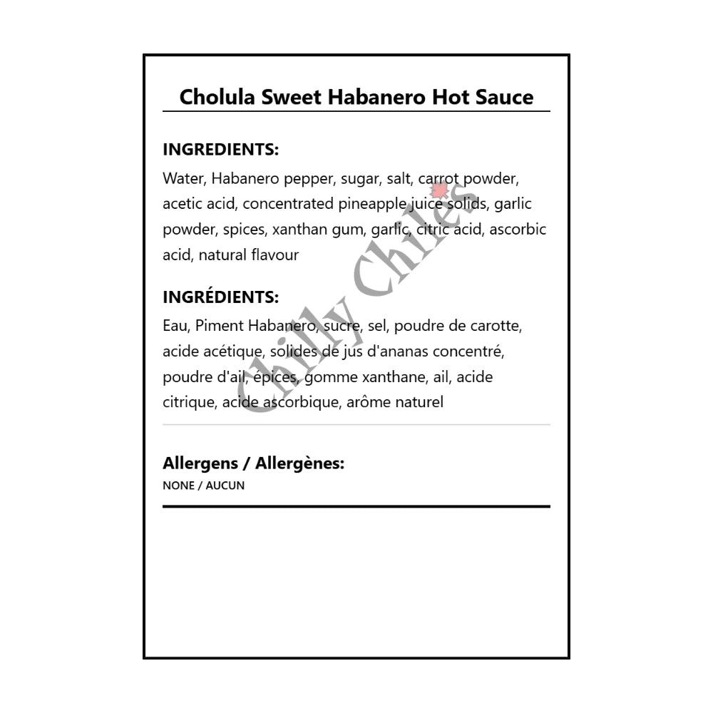 Cholula Sweet Habanero Hot Sauce - Bilingual Ingredients