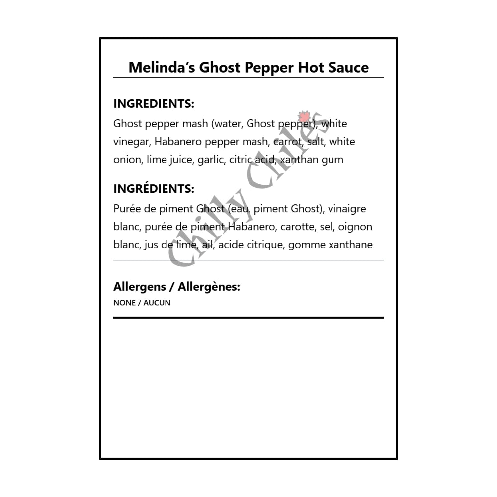Melinda’s Ghost Pepper Hot Sauce - Bilingual Ingredients
