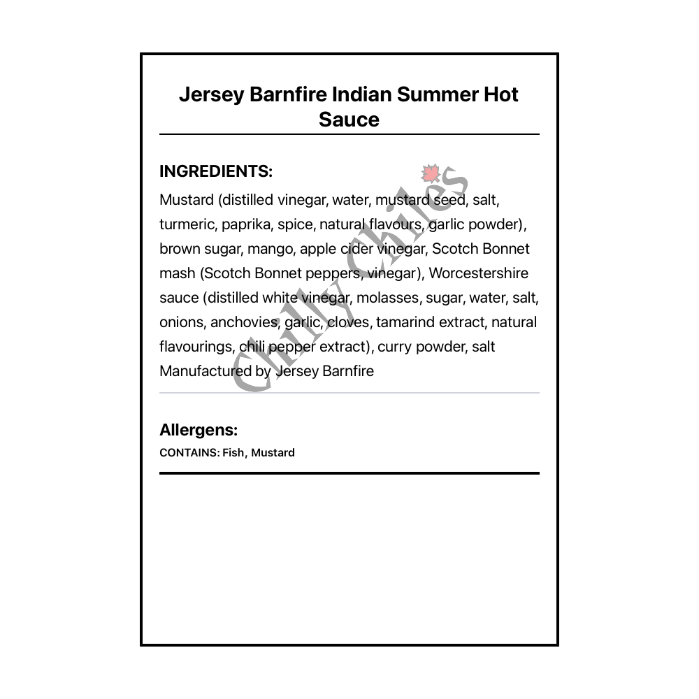 Jersey Barnfire Indian Summer Hot Sauce - Bilingual Ingredients