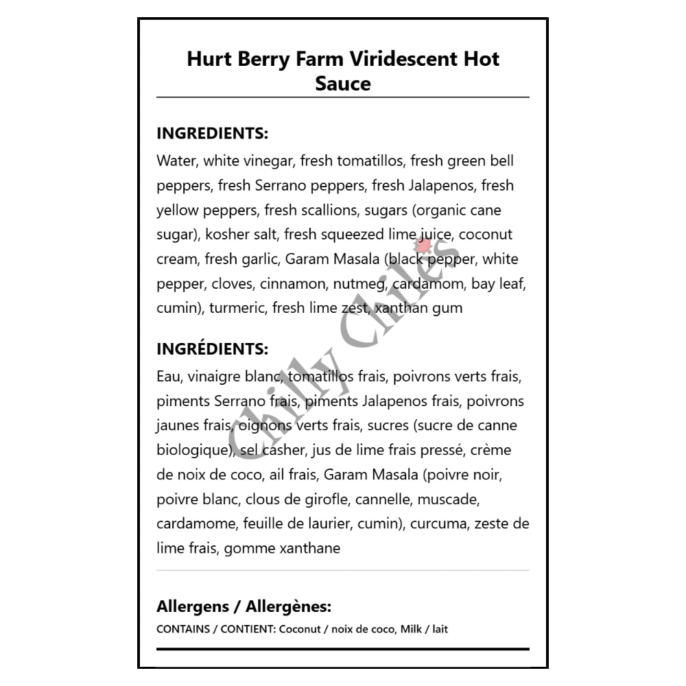 Hurt Berry Farm Viridescent Hot Sauce - Bilingual Ingredients