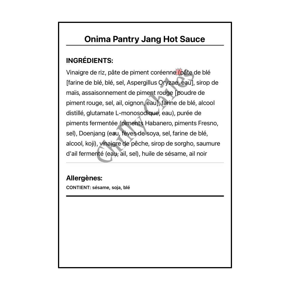 Onima Pantry Jang Hot Sauce - Ingrédients Français