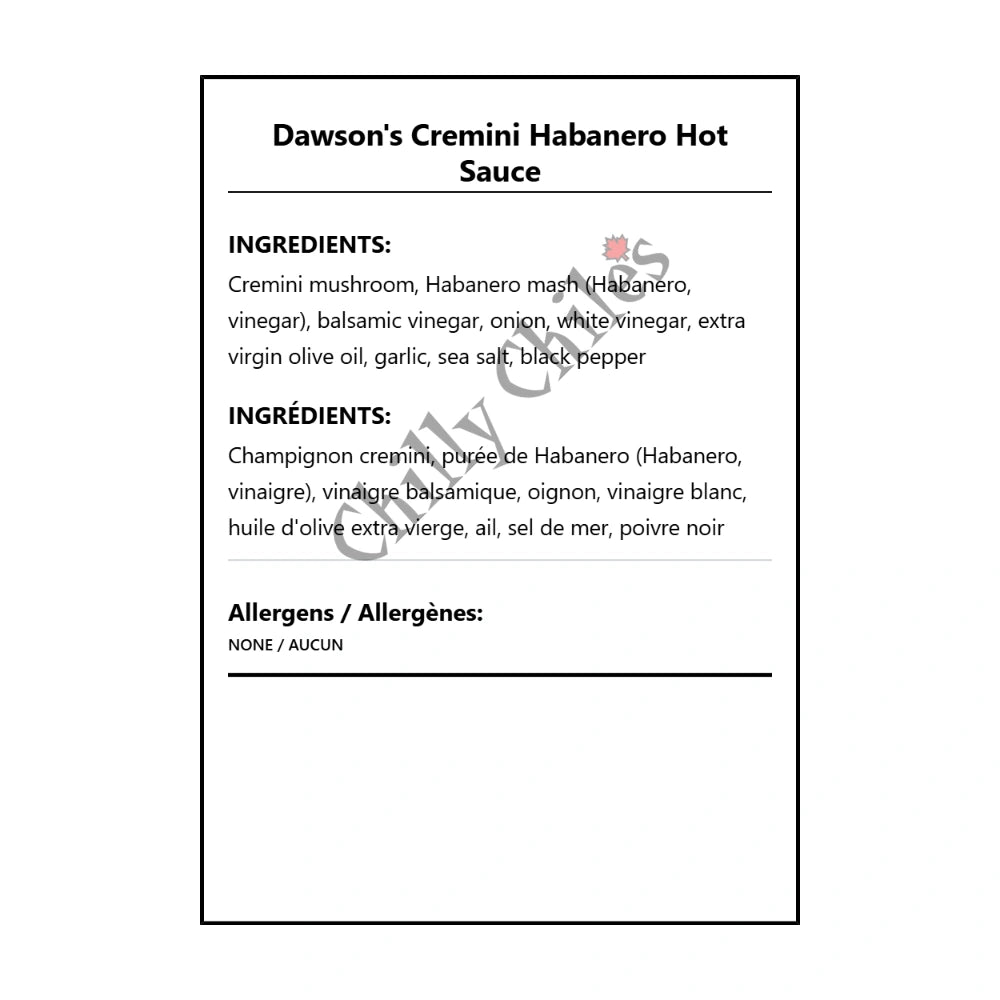 Dawson's Cremini Habanero Hot Sauce - Bilingual Ingredients