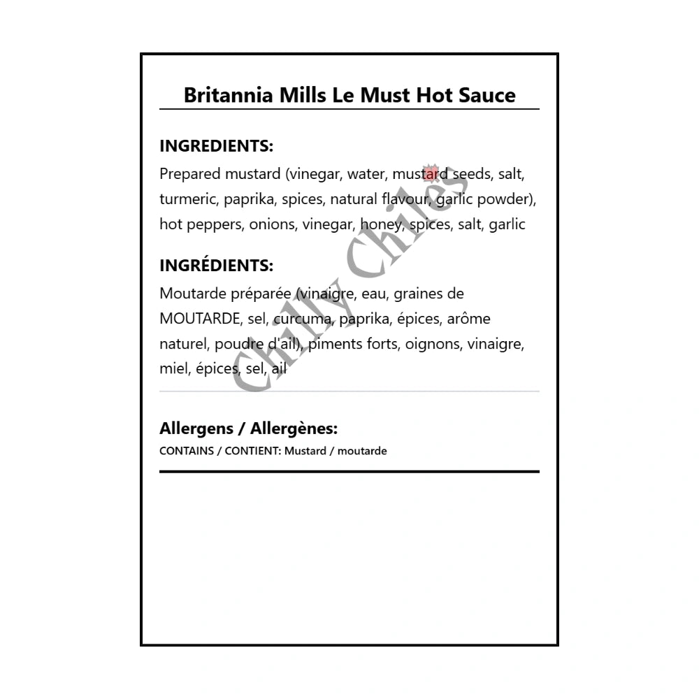Britannia Mills Le Must Hot Sauce - Bilingual Ingredients