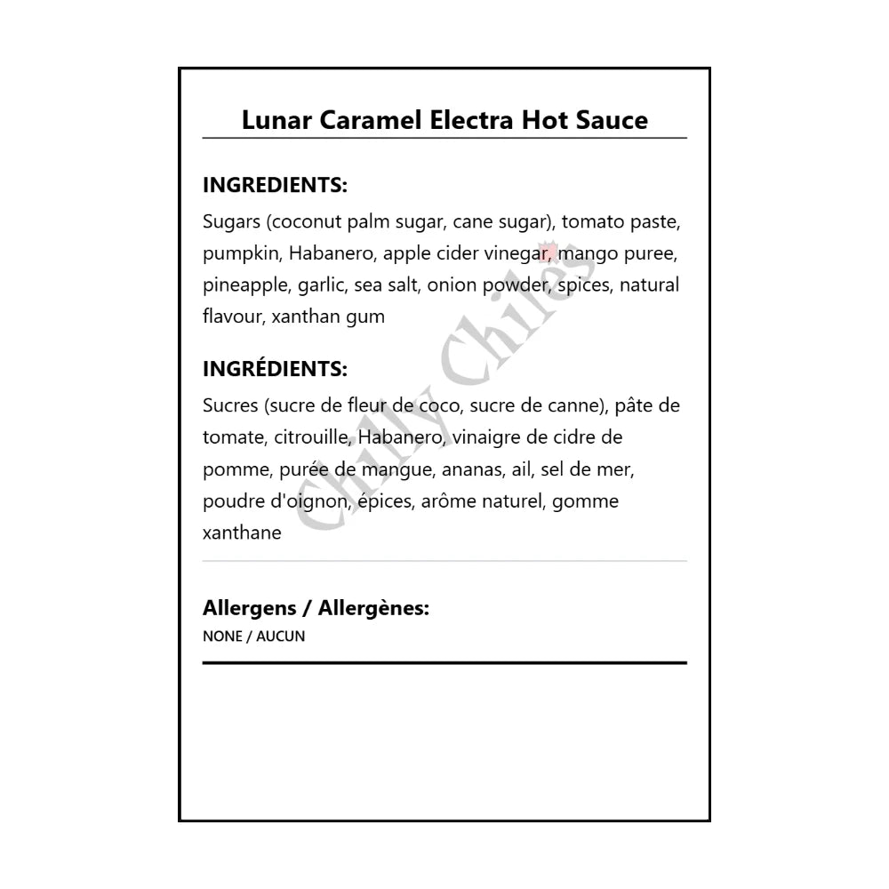 Lunar Caramel Electra Hot Sauce - Bilingual Ingredients